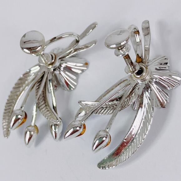 Vintage Mid Century Floral Spray Earrings Silver Tone Blue Rhinestone Screwback - Picture 13 of 13